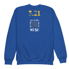 Happy World Down syndrome Day Youth crewneck sweatshirt with QR CODE on back with explanation